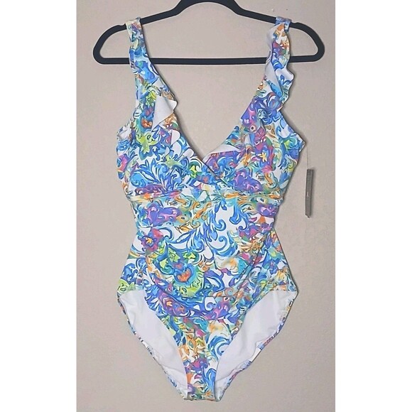 LAUREN Ralph Lauren Swimsuit Sz 14 Ruffle V-neck One Piece Multi Print $160 NWT - Picture 2 of 16
